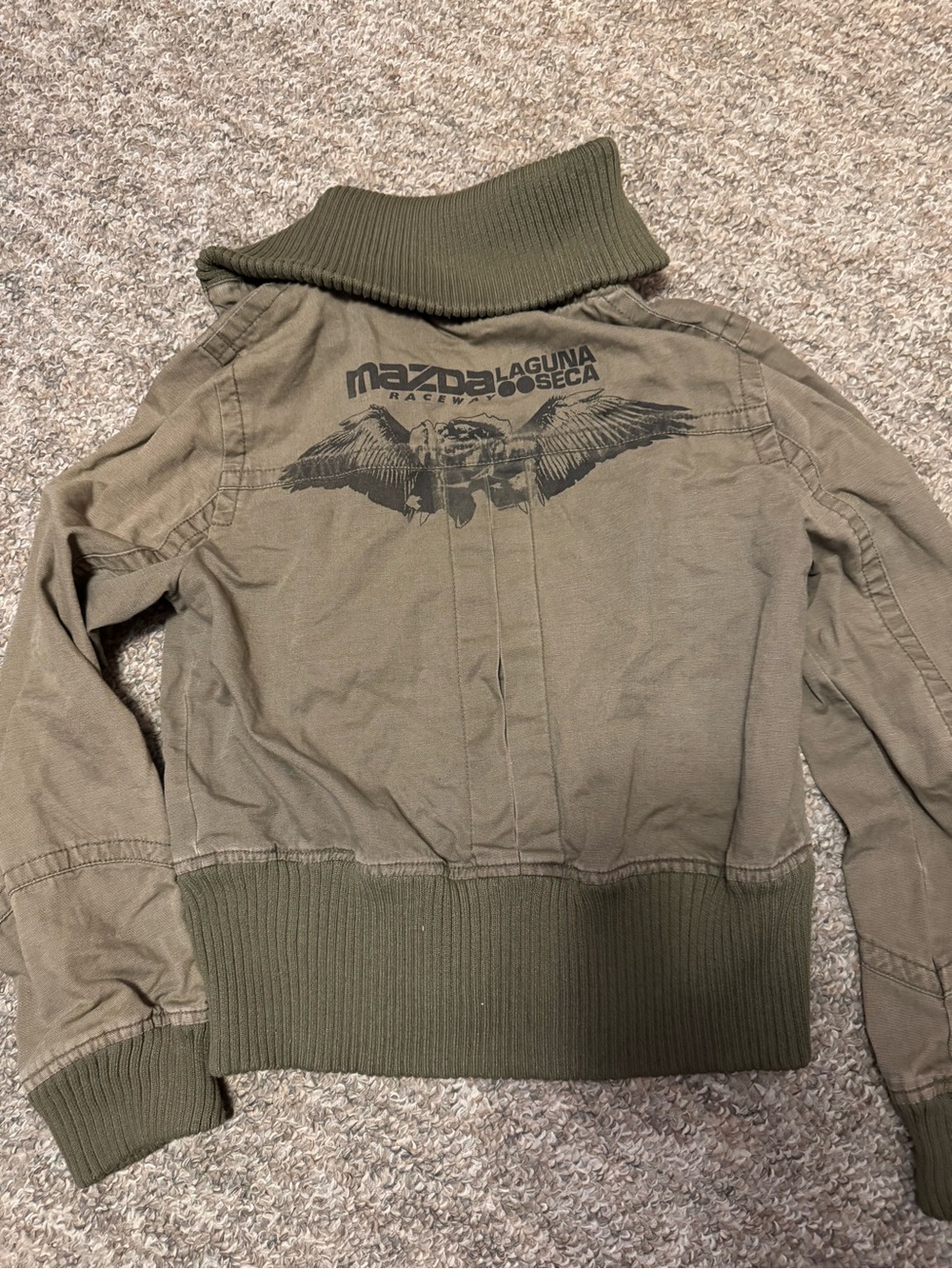 Mazda Raceway Laguna Seca olive green/brown bomber jacket